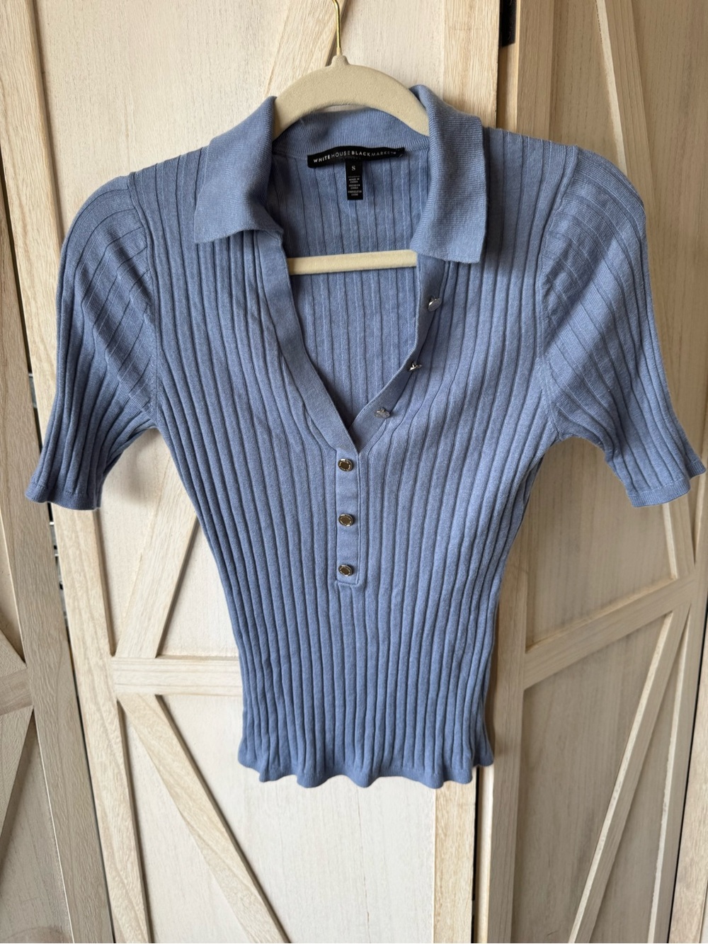 White House Black Market Dusty Blue Ribbed Polo Short Sleeve Top